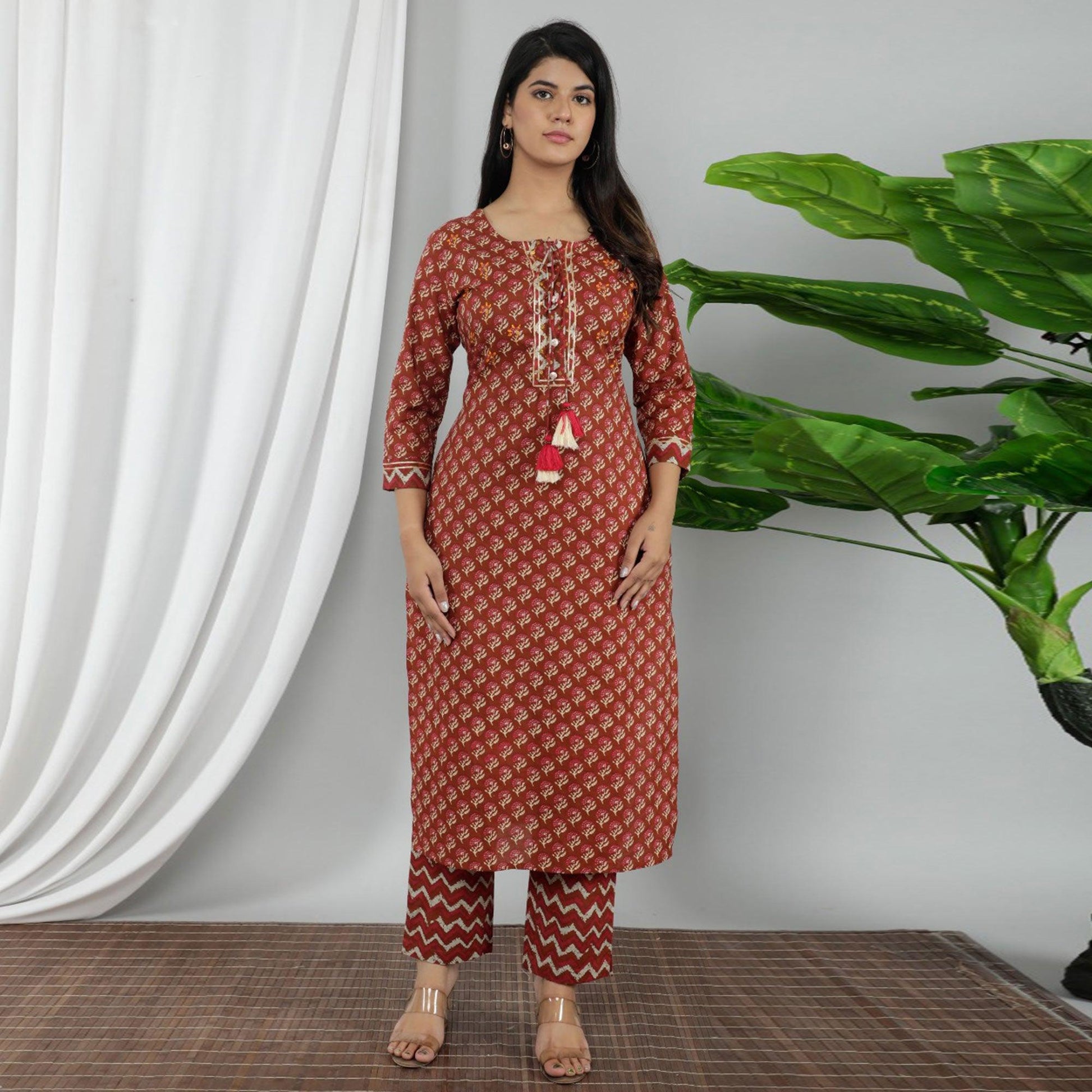 Brown Casual Wear Printed Cotton Kurti Pant Set With Dupatta