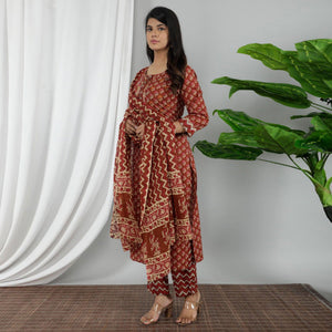 Brown Casual Wear Printed Cotton Kurti Pant Set With Dupatta