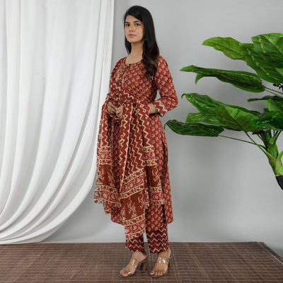 Brown Casual Wear Printed Cotton Kurti Pant Set With Dupatta