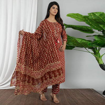 Brown Casual Wear Printed Cotton Kurti Pant Set With Dupatta