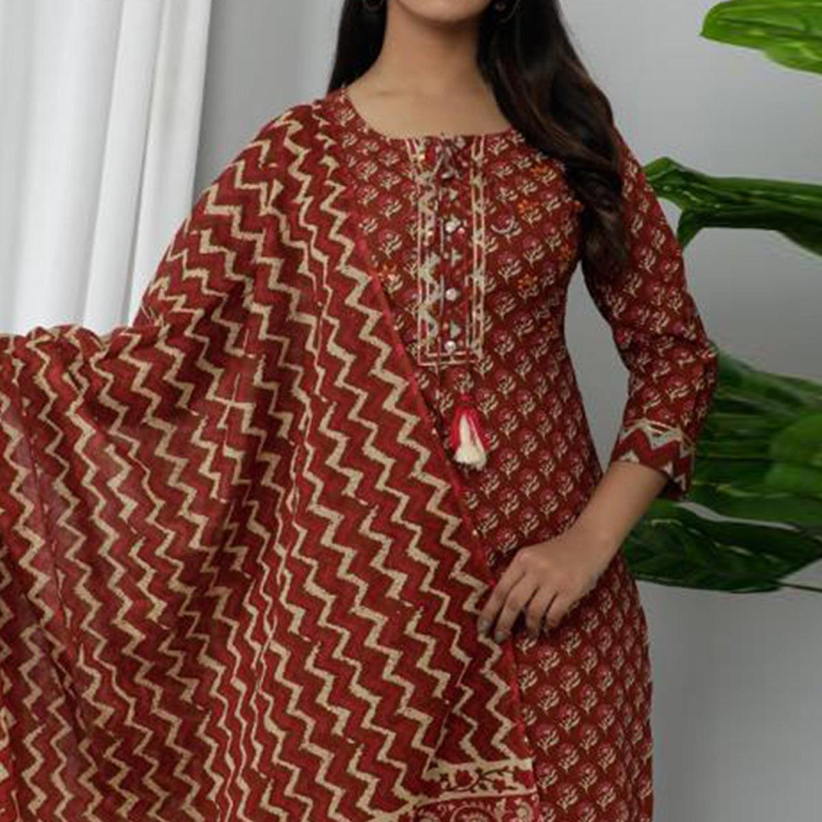 Brown Casual Wear Printed Cotton Kurti Pant Set With Dupatta