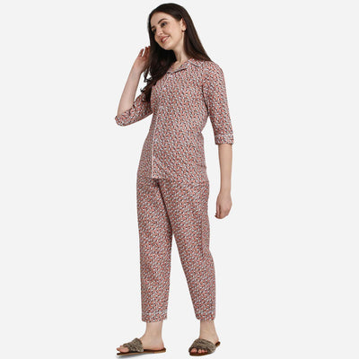 Brown Casual Wear Printed Cotton Night Suit