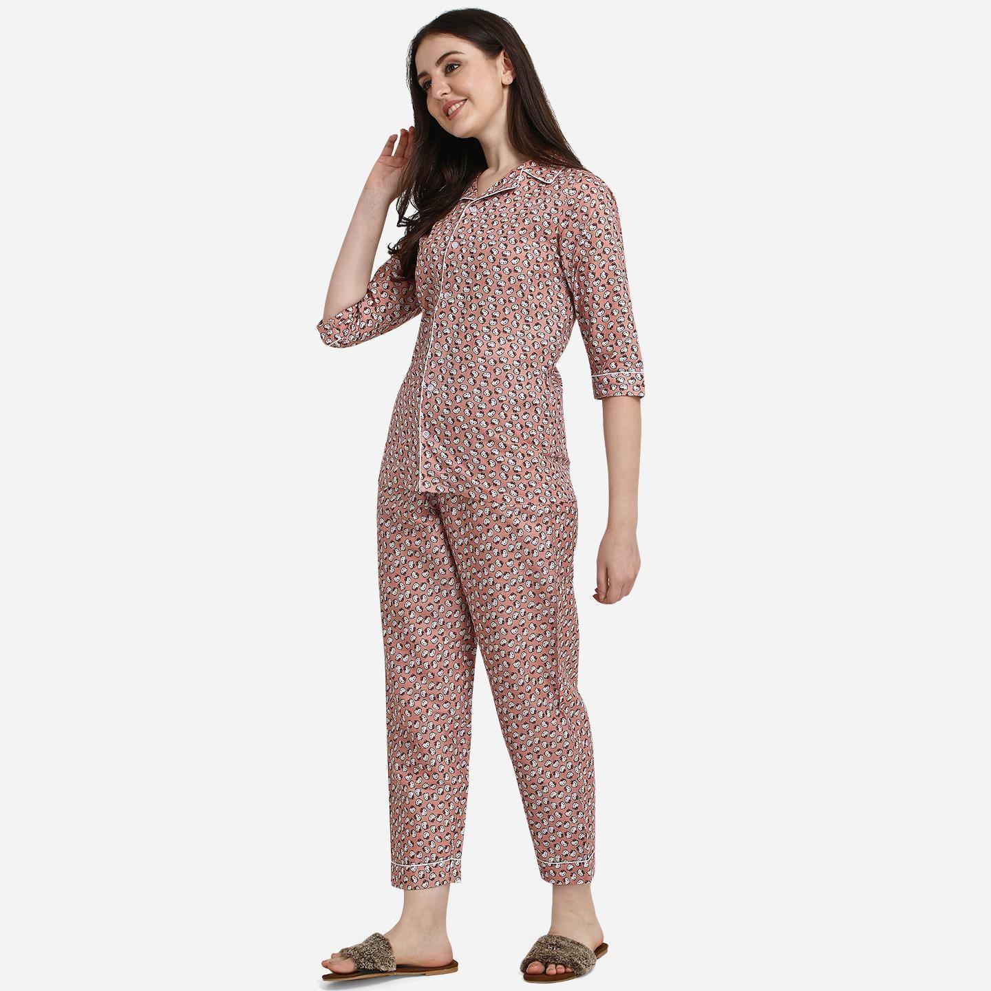 Brown Casual Wear Printed Cotton Night Suit