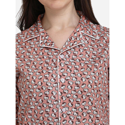 Brown Casual Wear Printed Cotton Night Suit