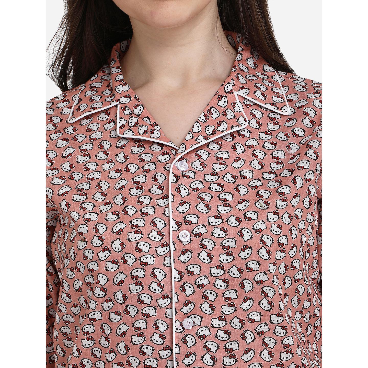 Brown Casual Wear Printed Cotton Night Suit