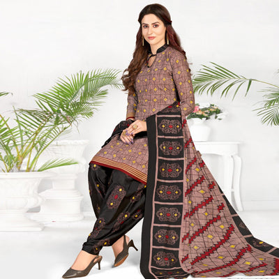 Brown Casual Wear Printed Cotton Patiala Dress Material