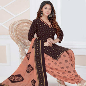 Brown Casual Wear Printed Cotton Patiala Dress Material