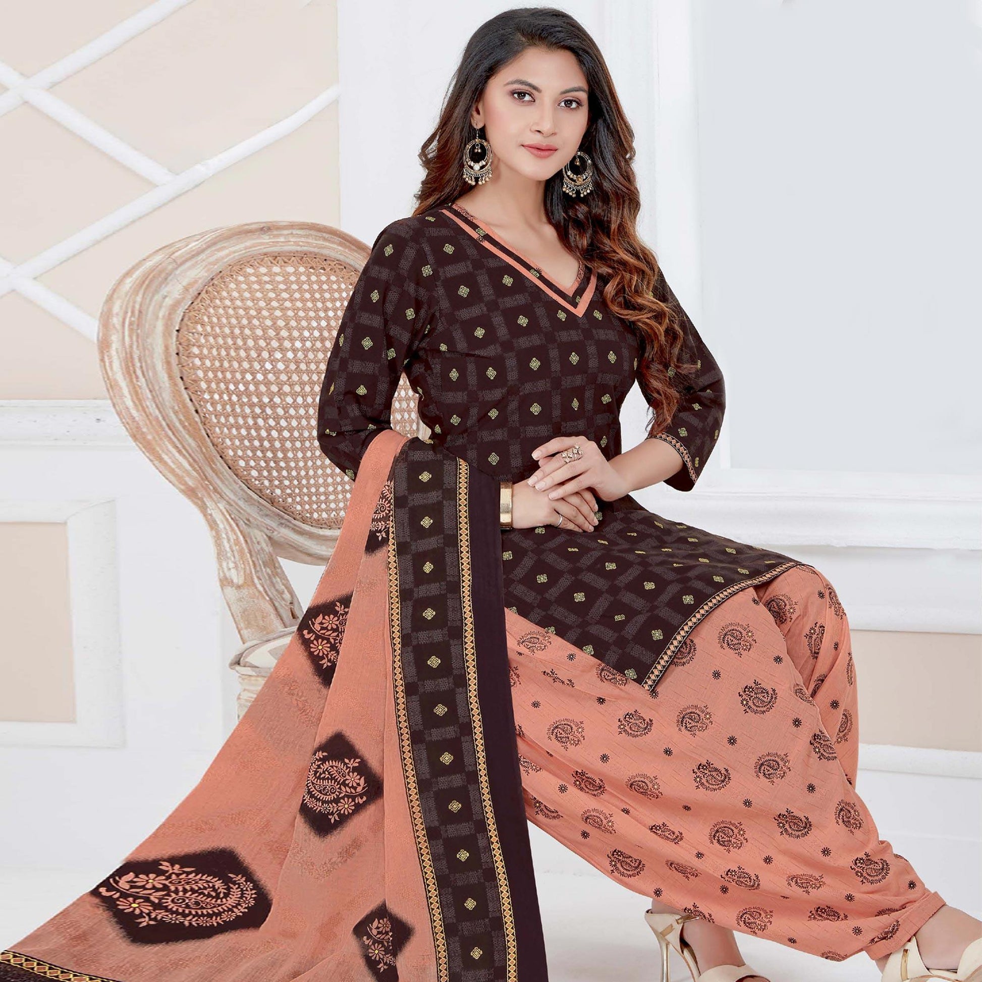 Brown Casual Wear Printed Cotton Patiala Dress Material