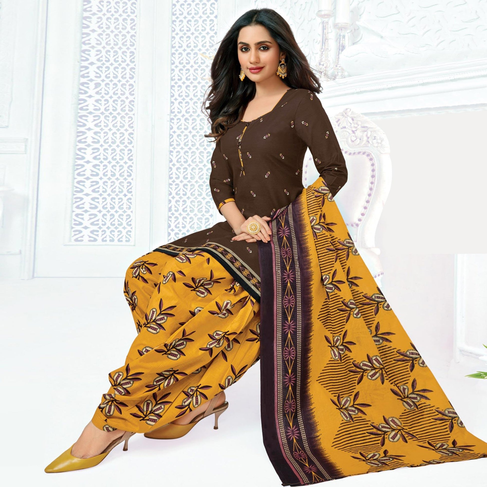Brown Casual Wear Printed Cotton Patiala Dress Material