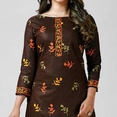 Brown Casual Wear Printed Cotton Patiala Dress Material