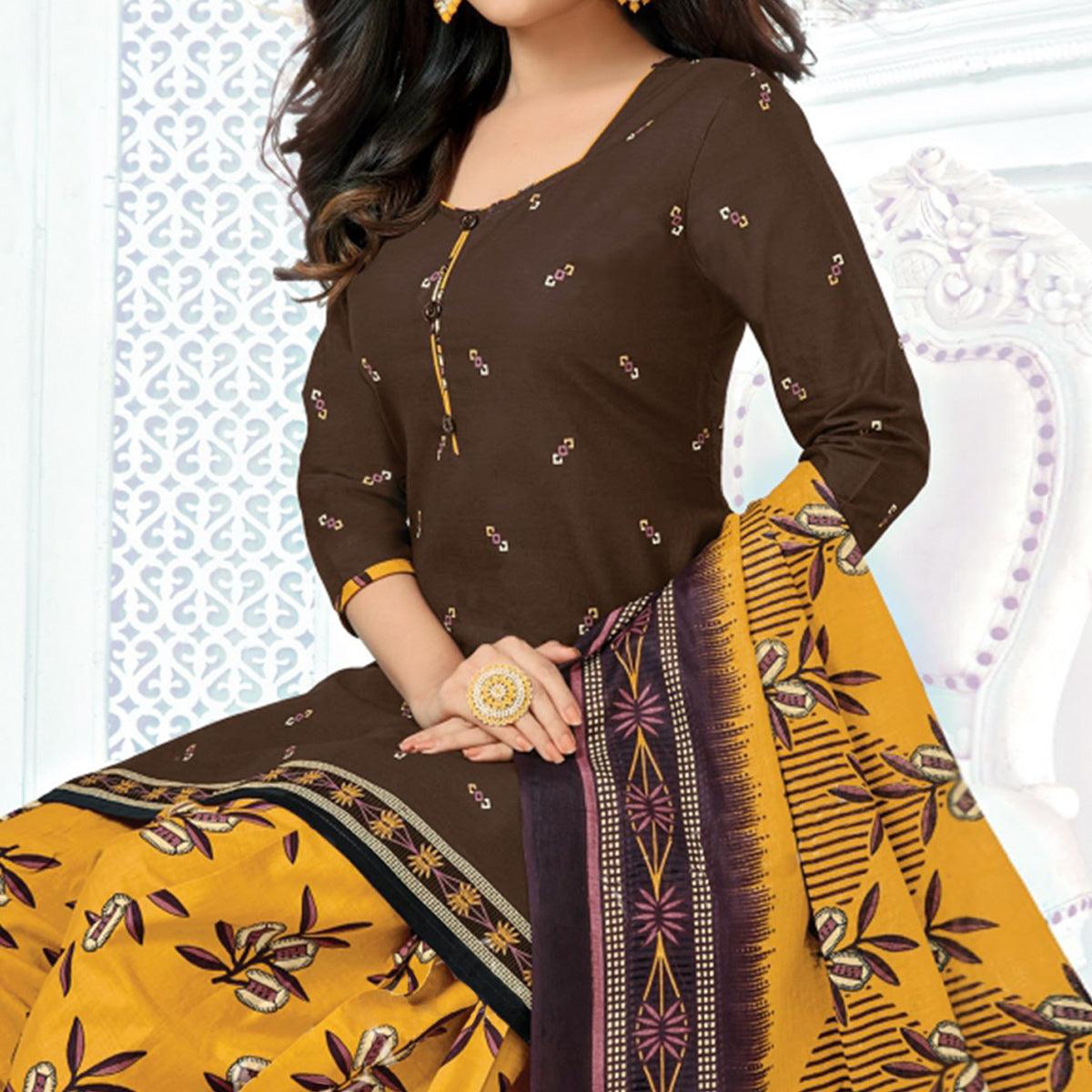 Brown Casual Wear Printed Cotton Patiala Dress Material
