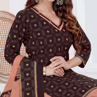 Brown Casual Wear Printed Cotton Patiala Dress Material