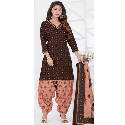 Brown Casual Wear Printed Cotton Patiala Dress Material