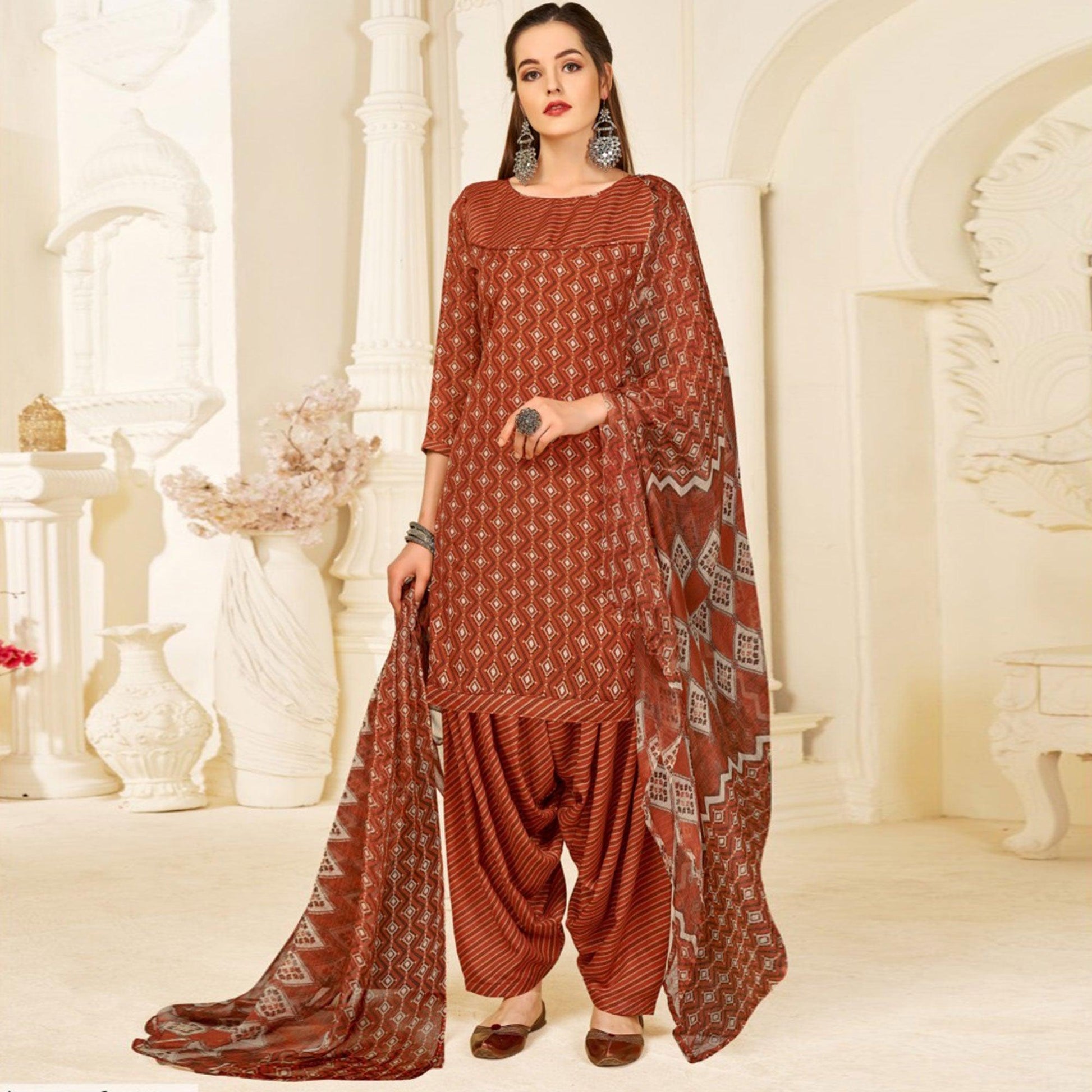 Brown Casual Wear Printed Cotton Patiala Suit