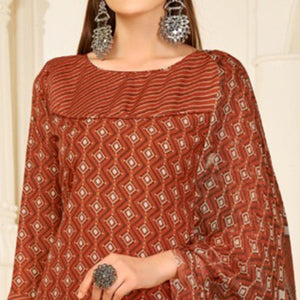 Brown Casual Wear Printed Cotton Patiala Suit