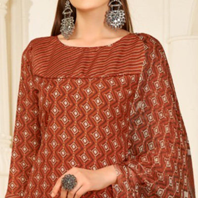 Brown Casual Wear Printed Cotton Patiala Suit