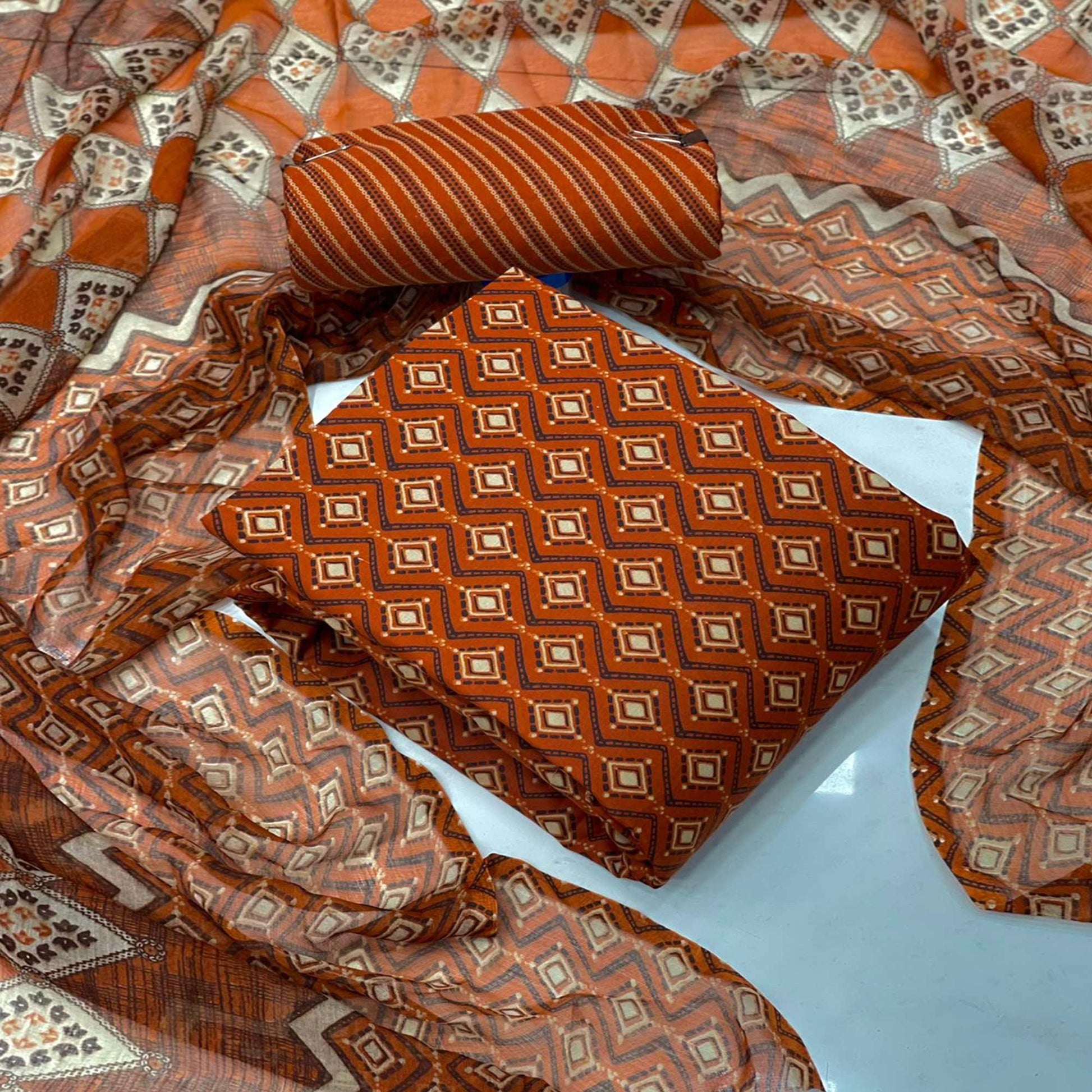 Brown Casual Wear Printed Cotton Patiala Suit