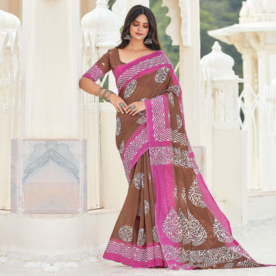 Brown Casual Wear Printed Cotton Saree