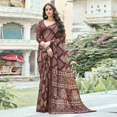 Brown Casual Wear Printed Cotton Saree