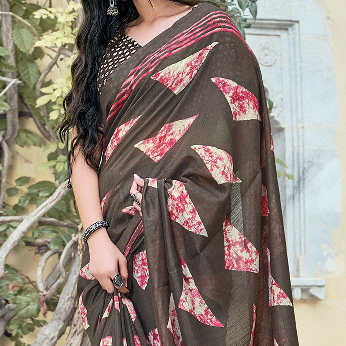 Brown Casual Wear Printed Cotton Saree