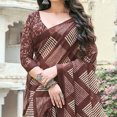 Brown Casual Wear Printed Cotton Saree
