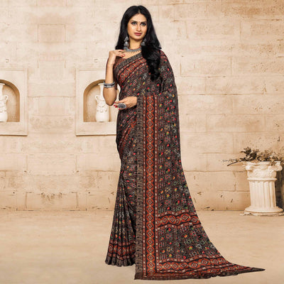 Brown Casual Wear Printed Crepe Saree