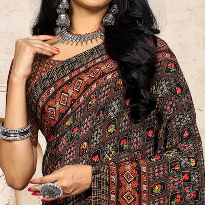 Brown Casual Wear Printed Crepe Saree