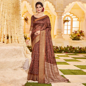 Brown Casual Wear Printed Crystal Silk Saree