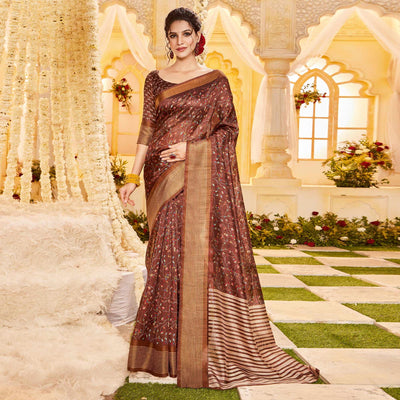 Brown Casual Wear Printed Crystal Silk Saree
