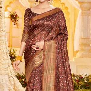 Brown Casual Wear Printed Crystal Silk Saree
