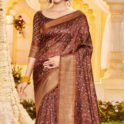 Brown Casual Wear Printed Crystal Silk Saree