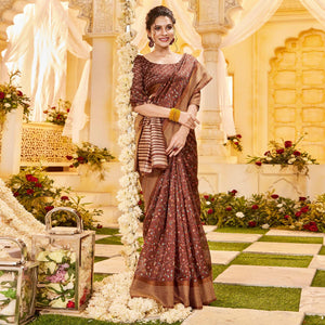 Brown Casual Wear Printed Crystal Silk Saree