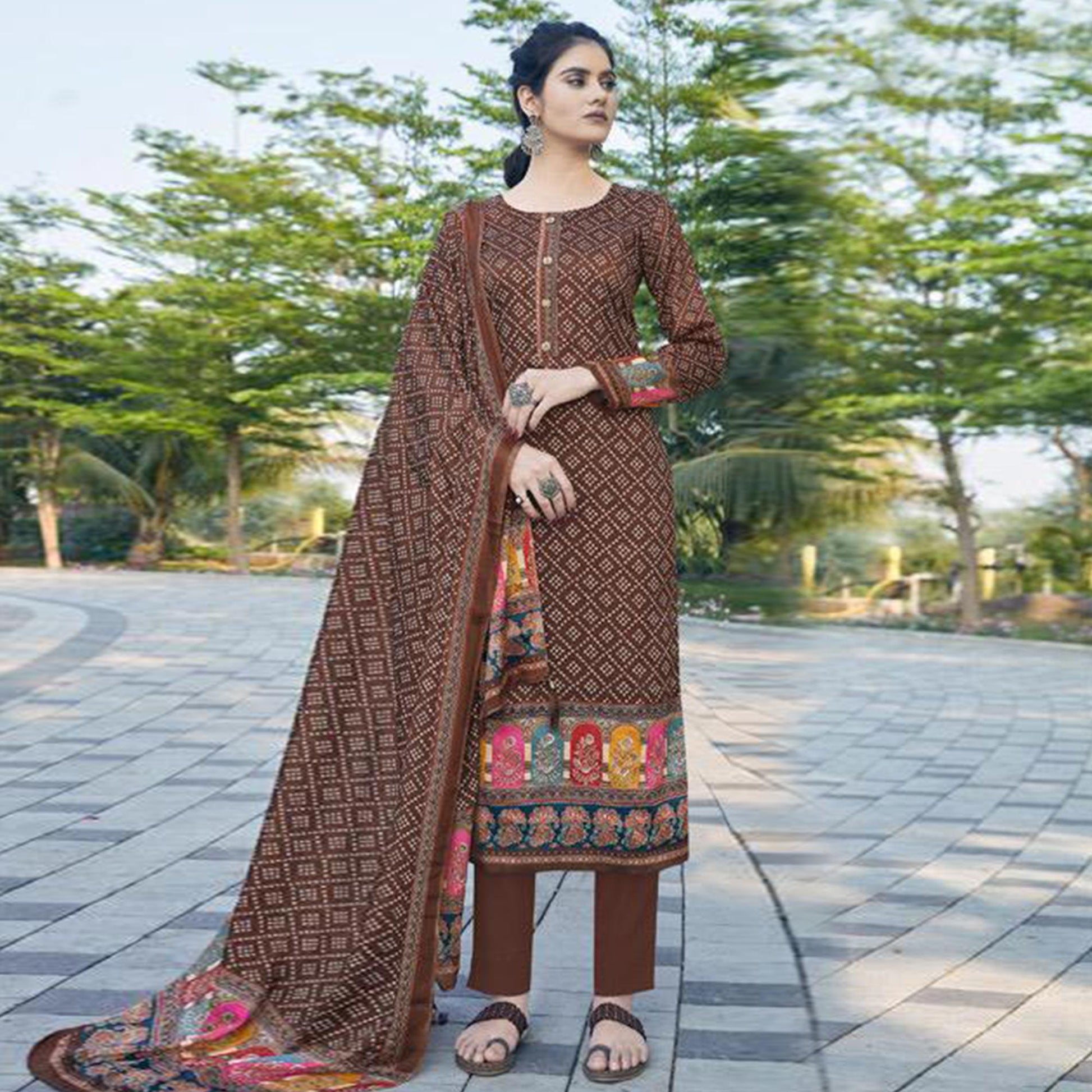 Brown Casual Wear Printed Jam Satin Suit