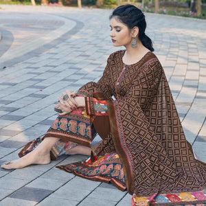 Brown Casual Wear Printed Jam Satin Suit