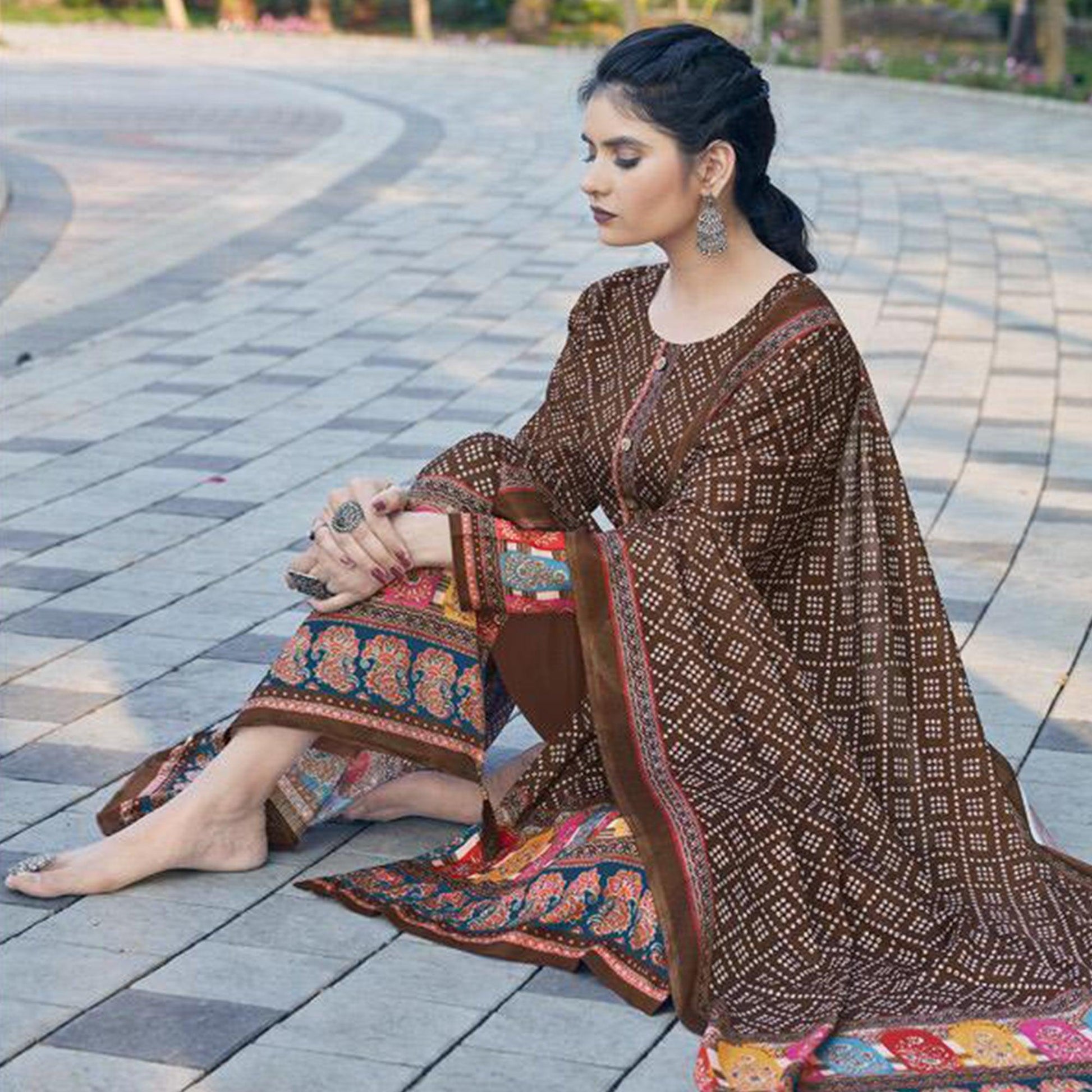 Brown Casual Wear Printed Jam Satin Suit