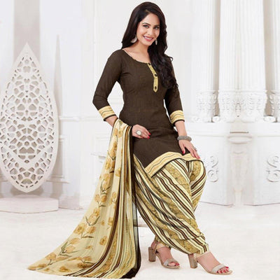 Brown Casual Wear Printed Leon Patiala Dress Material