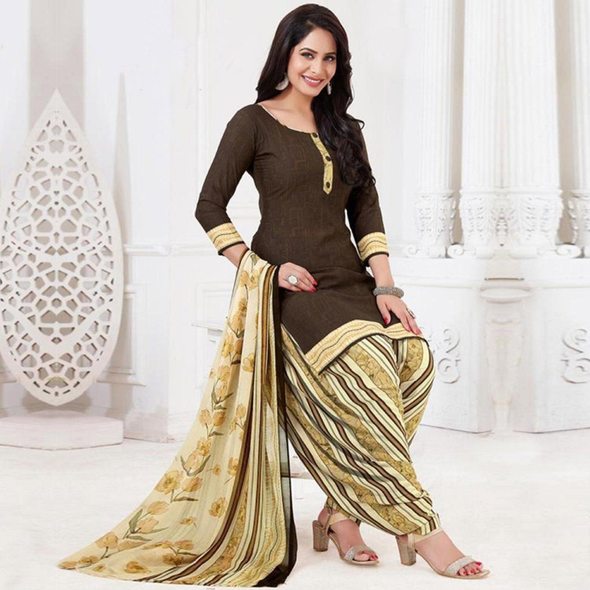 Brown Casual Wear Printed Leon Patiala Dress Material