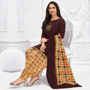 Brown Casual Wear Printed Leon Patiala Dress Material