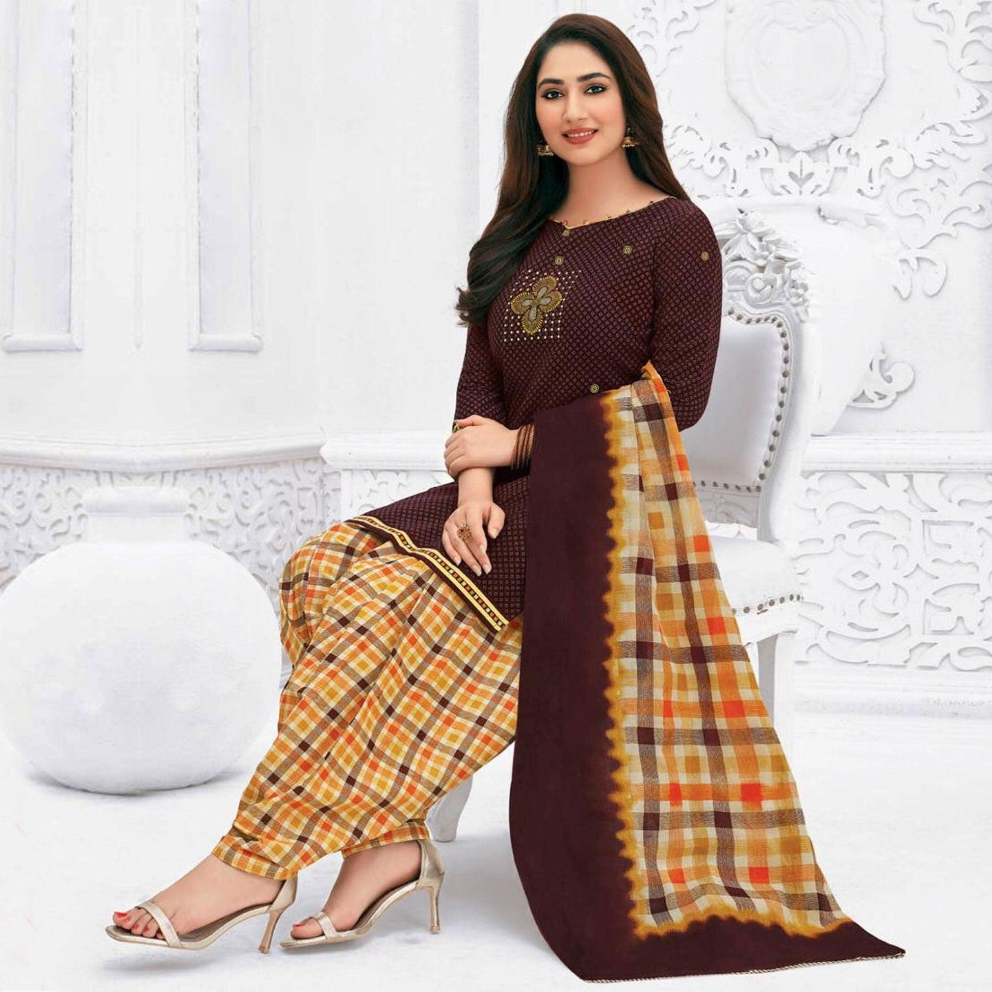 Brown Casual Wear Printed Leon Patiala Dress Material