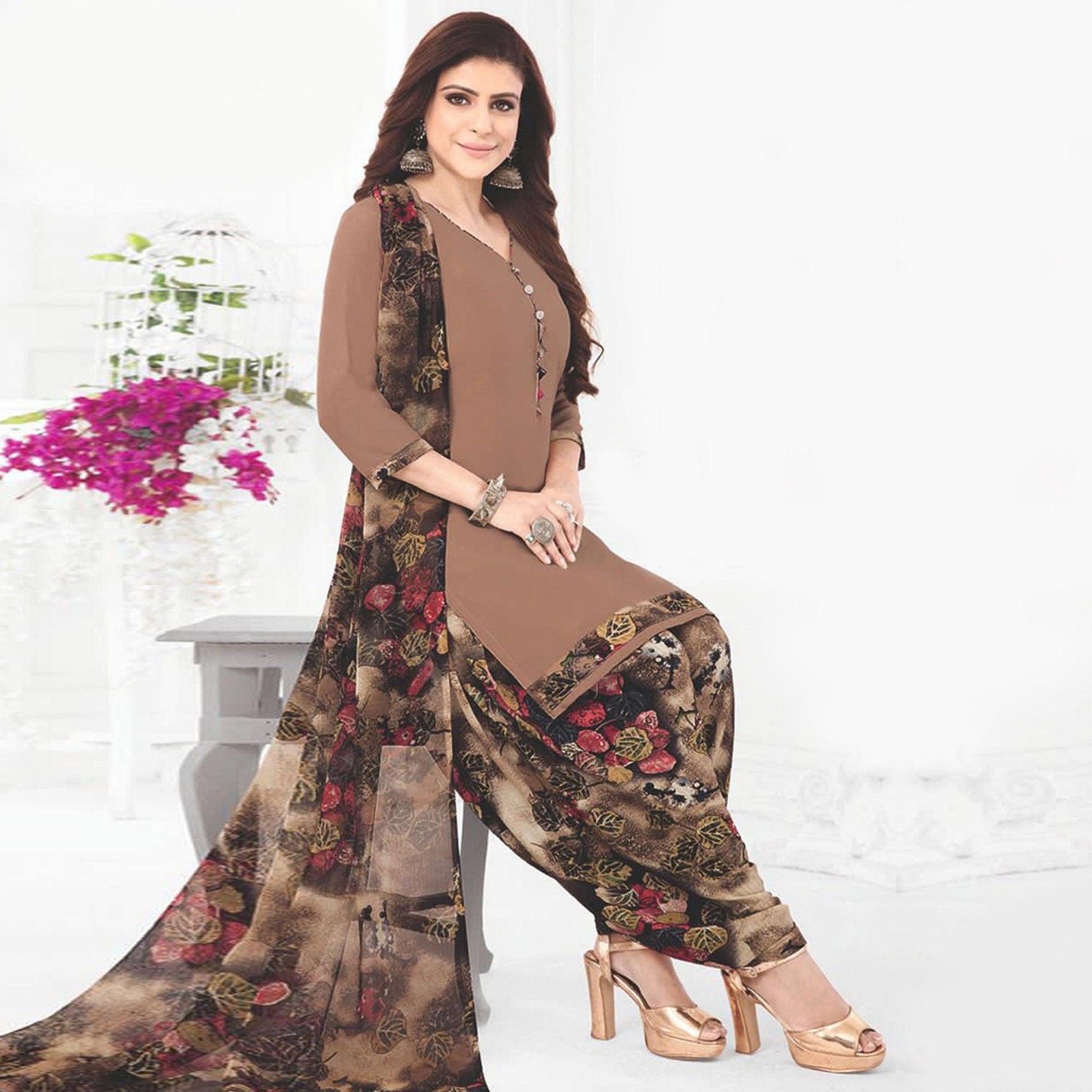 Brown Casual Wear Printed Leon Patiala Dress Material