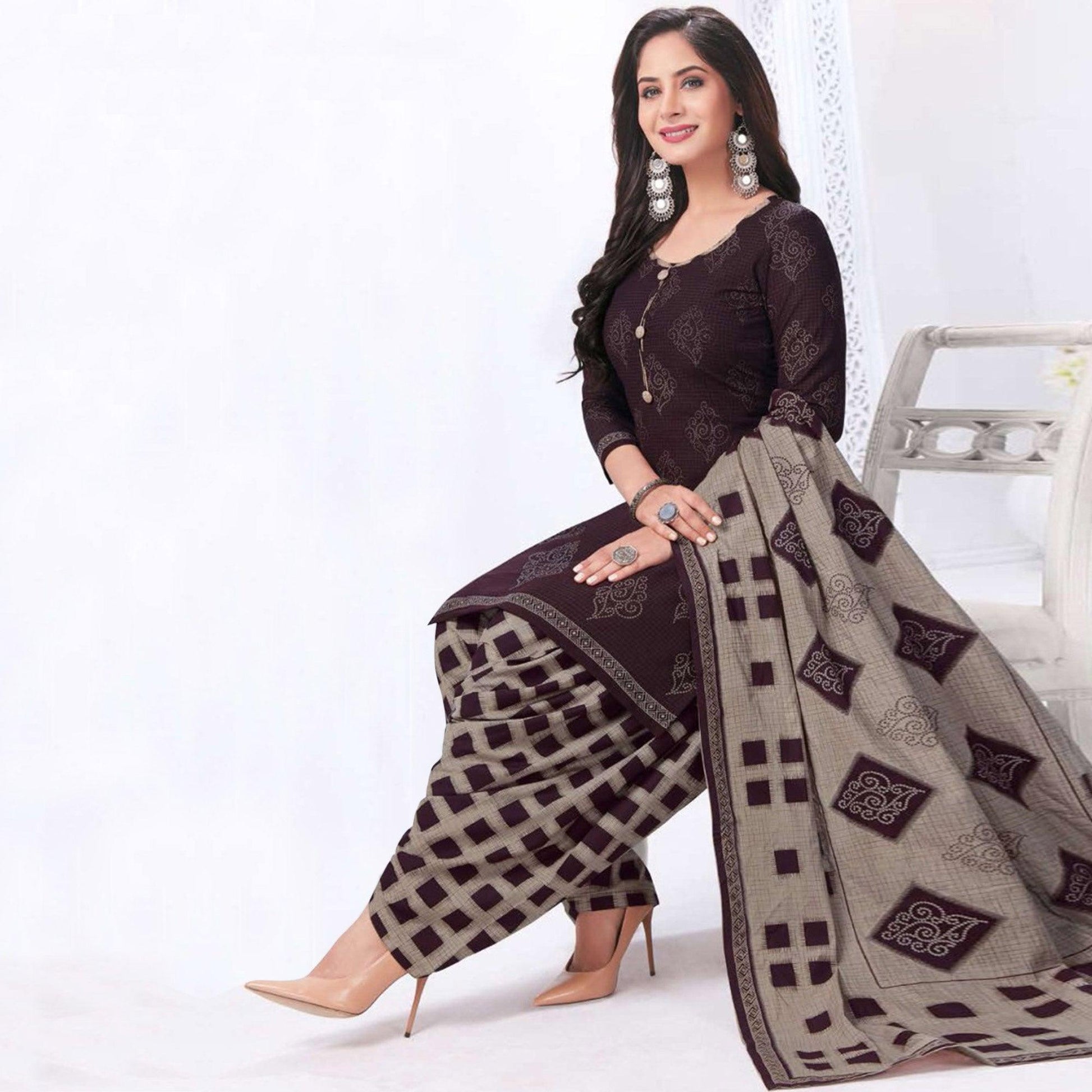 Brown Casual Wear Printed Leon Patiala Dress Material