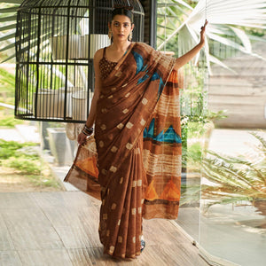 Brown Casual Wear Printed Linen Saree
