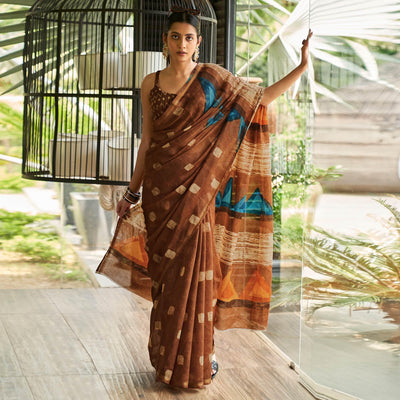 Brown Casual Wear Printed Linen Saree