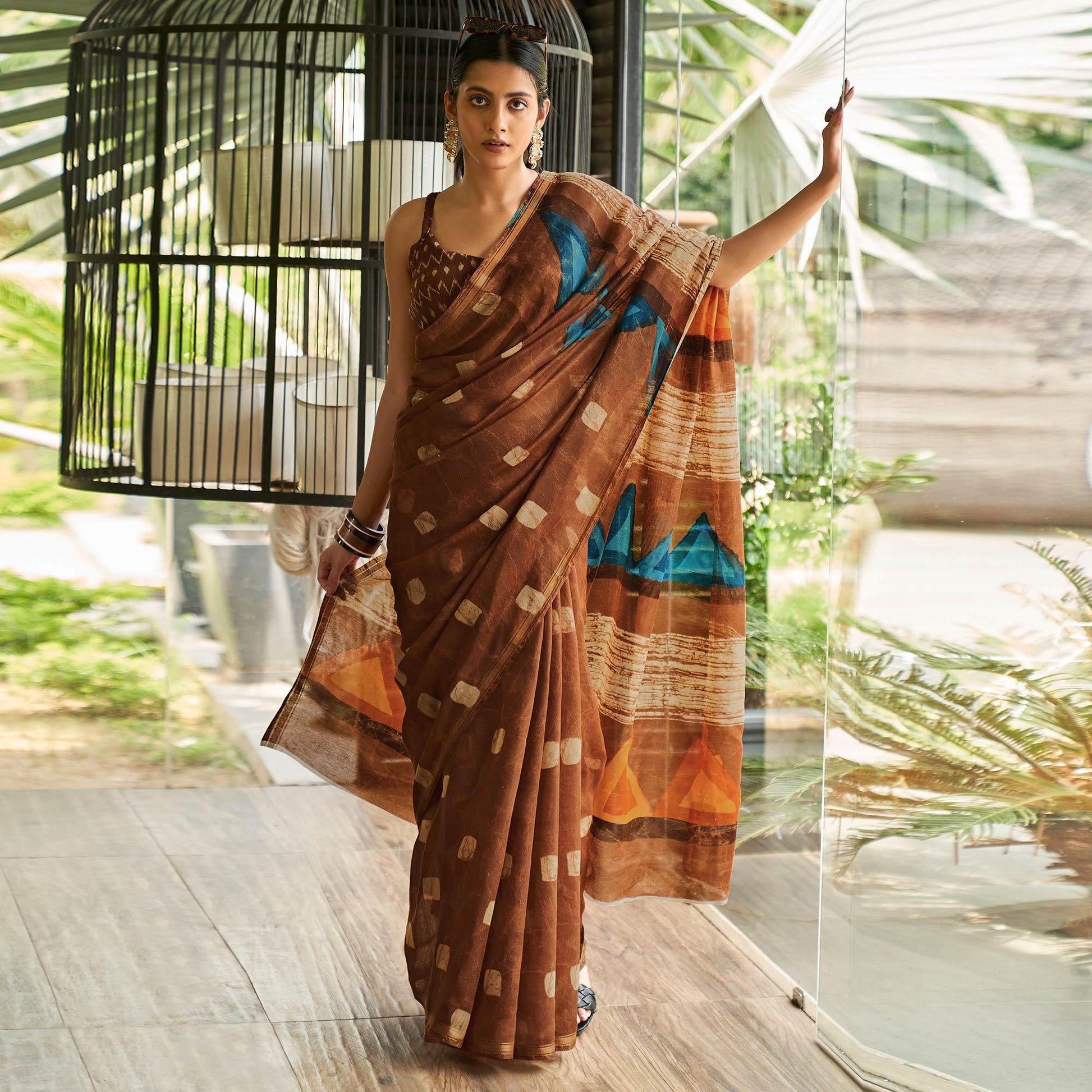 Brown Casual Wear Printed Linen Saree