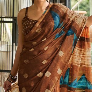 Brown Casual Wear Printed Linen Saree