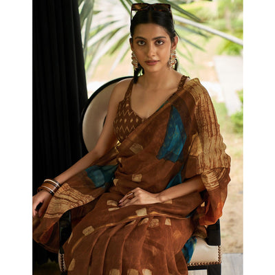 Brown Casual Wear Printed Linen Saree