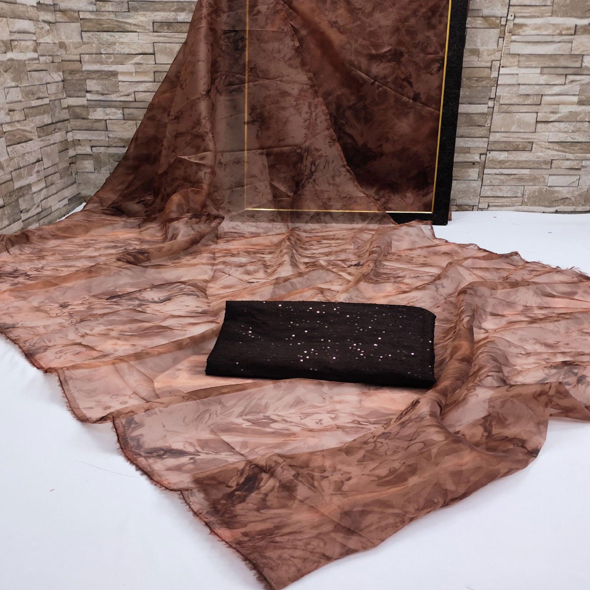 Brown Casual Wear Printed Organza Saree