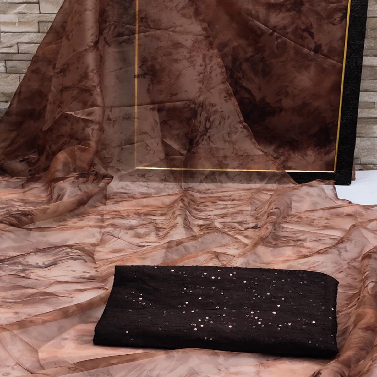 Brown Casual Wear Printed Organza Saree