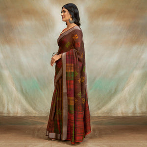 Brown Casual Wear Printed Pure Linen Saree