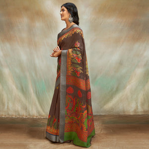 Brown Casual Wear Printed Pure Linen Saree